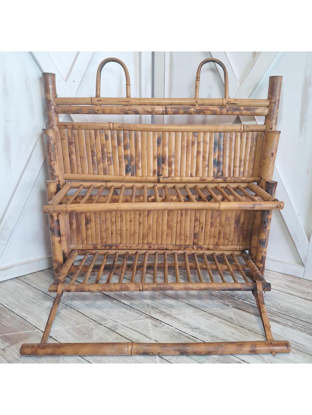 VTG Bamboo Folding Shelf 2 Tier Plus Towel Bar Holder Wall Hanging 18"Hx18"Wx6"D